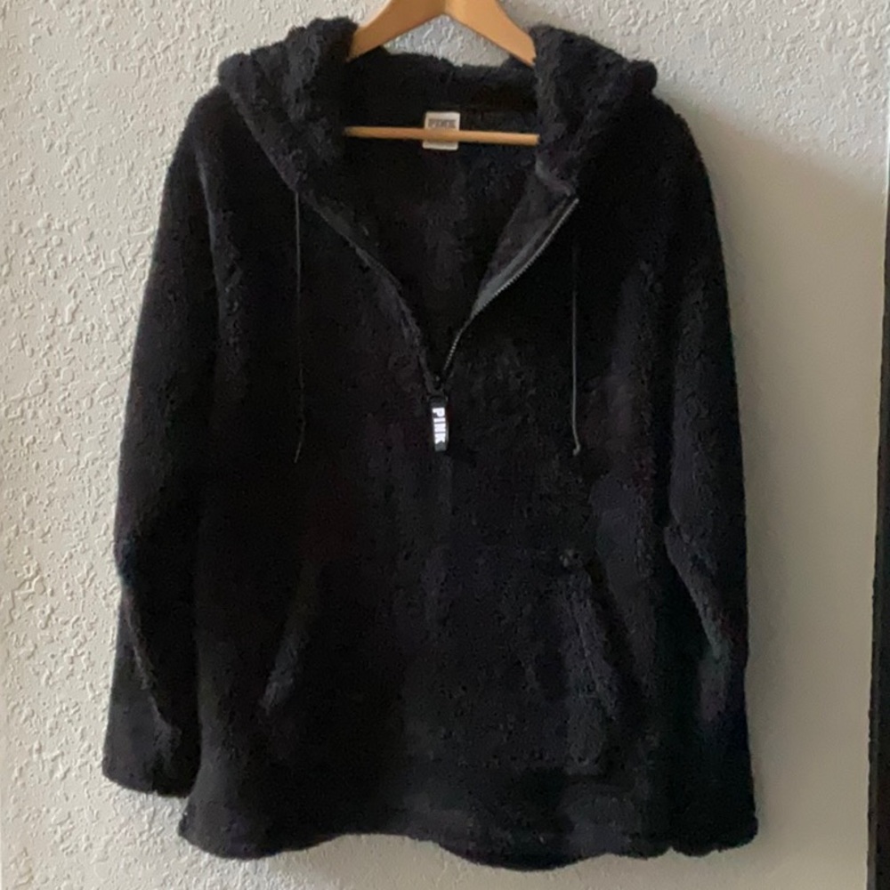 Victoria’s Secret PINK Black Varsity Sherpa Half Zip